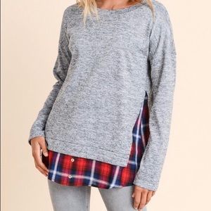 NWT Gray sweater with red & blue plaid hem.